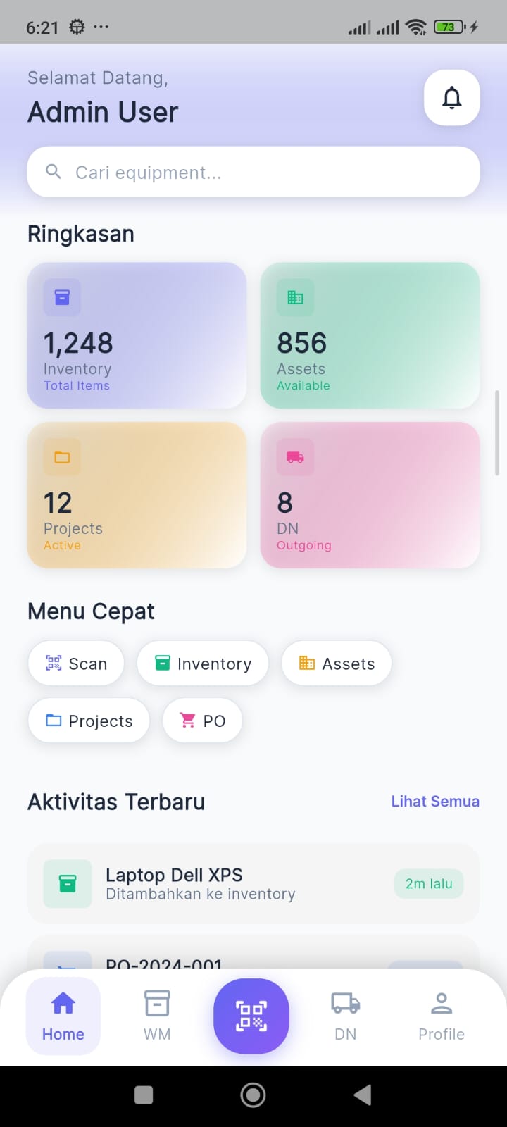 Dashboard aplikasi mobile inventory dan asset