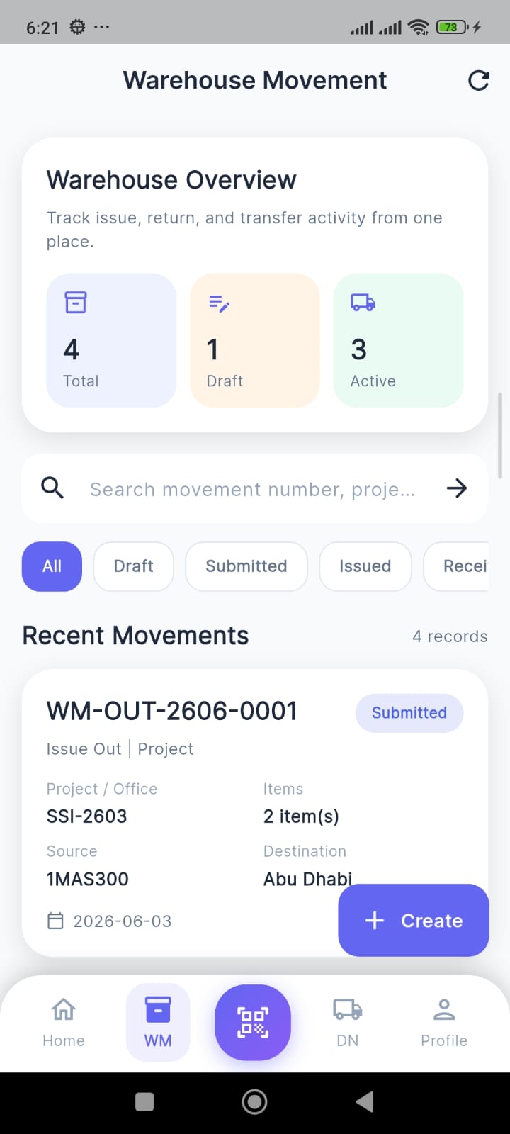 Halaman warehouse movement aplikasi inventory mobile